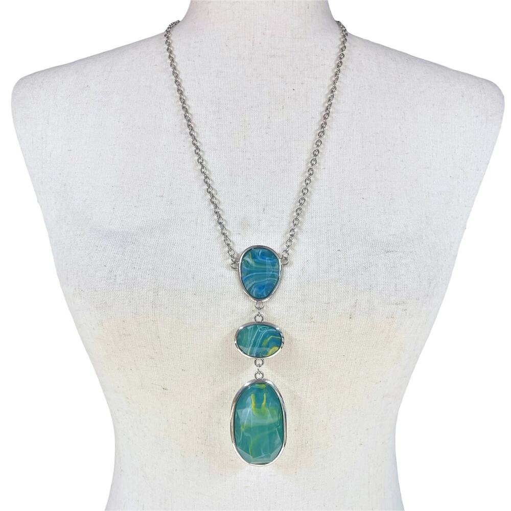 Faceted Stacked Blue/Green Acrylic "Stone" Links Necklace w/ Silver-Tone Chain